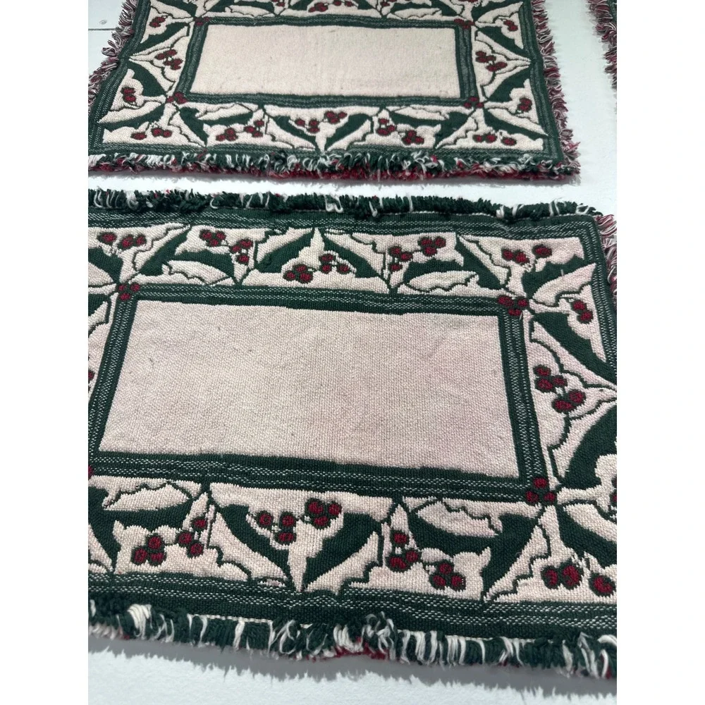 Vintage Christmas Woven Placemats Set ,4 Reversible Holly Berry Red Green 17x12